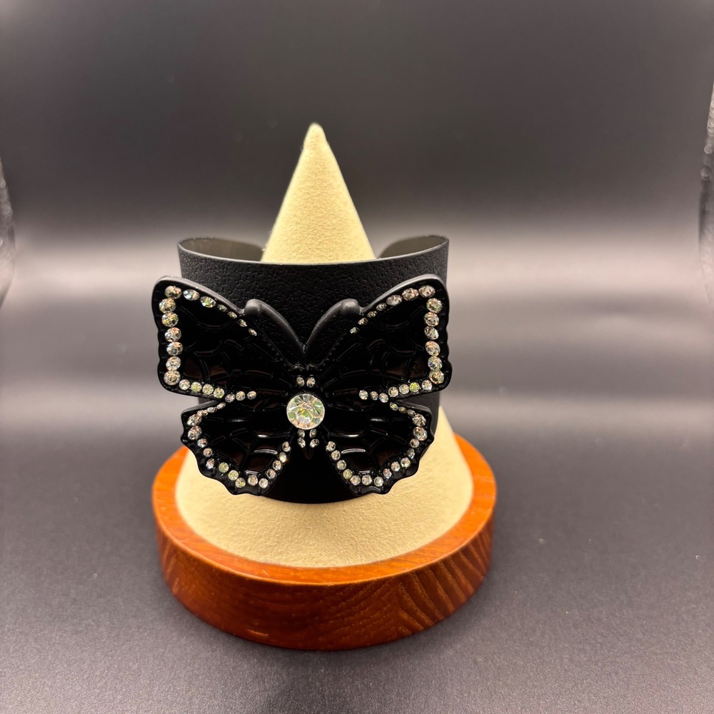 Black Faux Leather Butterfly Cuff Bracelet Rhinestone Statement‎ Jewelry Wide